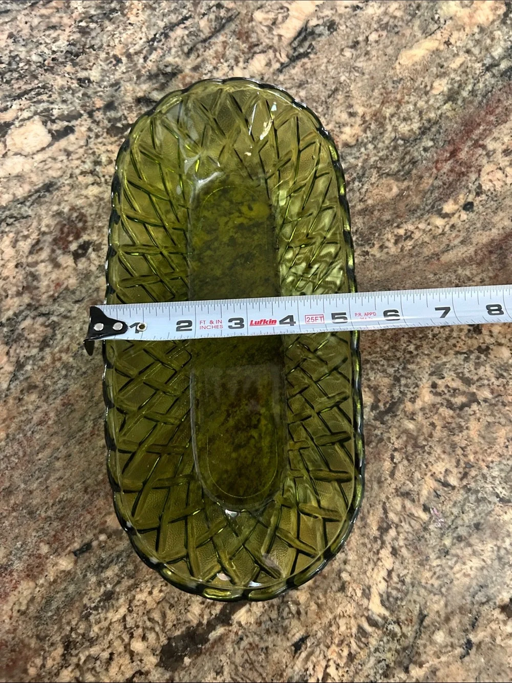 Indiana Glass Olive Green Basketweave Patterned Glass Oval Dish